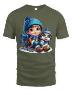 Winter Boy and Puppy Sledding T-Shirt with Cute Snowy Art - military green t-shirt on white background