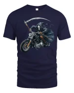 Grim Reaper Motorcycle Rider T-Shirt for Hardcore Bikers - navy t-shirt on white background