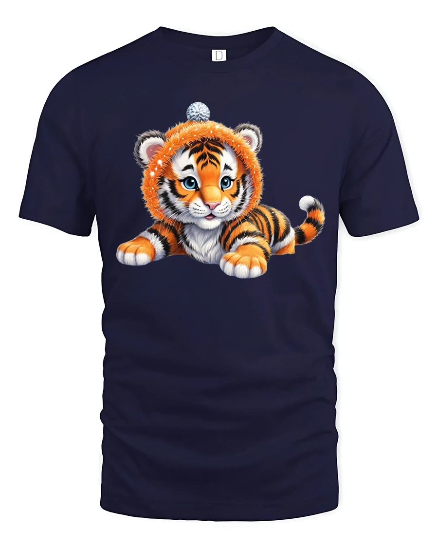 Cute Baby Tiger Winter Hoodie Tee with Adorable Cub Art - 1 Cute Baby Tiger Winter Hoodie Tee with Adorable Cub Art - navy t-shirt on white background