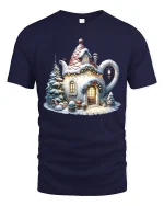 Cozy Teapot Cottage Christmas Tee with Snowy Holiday Scene - navy t-shirt on white background