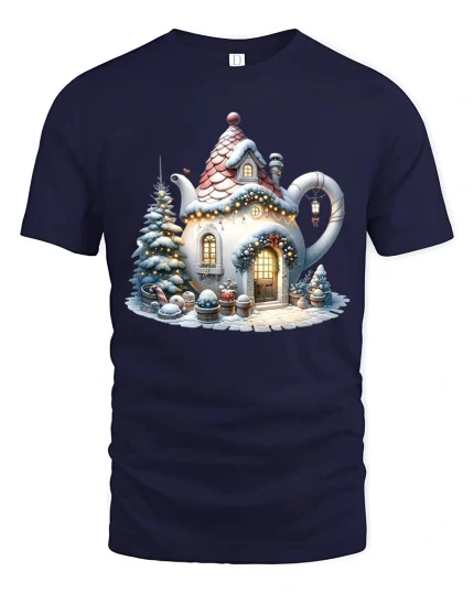 Cozy Teapot Cottage Christmas Tee with Snowy Holiday Scene - navy t-shirt on white background