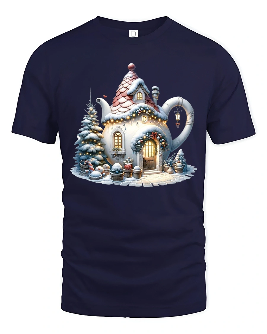 Cozy Teapot Cottage Christmas Tee with Snowy Holiday Scene - 1 Cozy Teapot Cottage Christmas Tee with Snowy Holiday Scene - navy t-shirt on white background