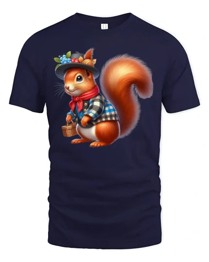 Cute Dressed Squirrel Tee with Fun Autumn Woodland Style - navy t-shirt on white background