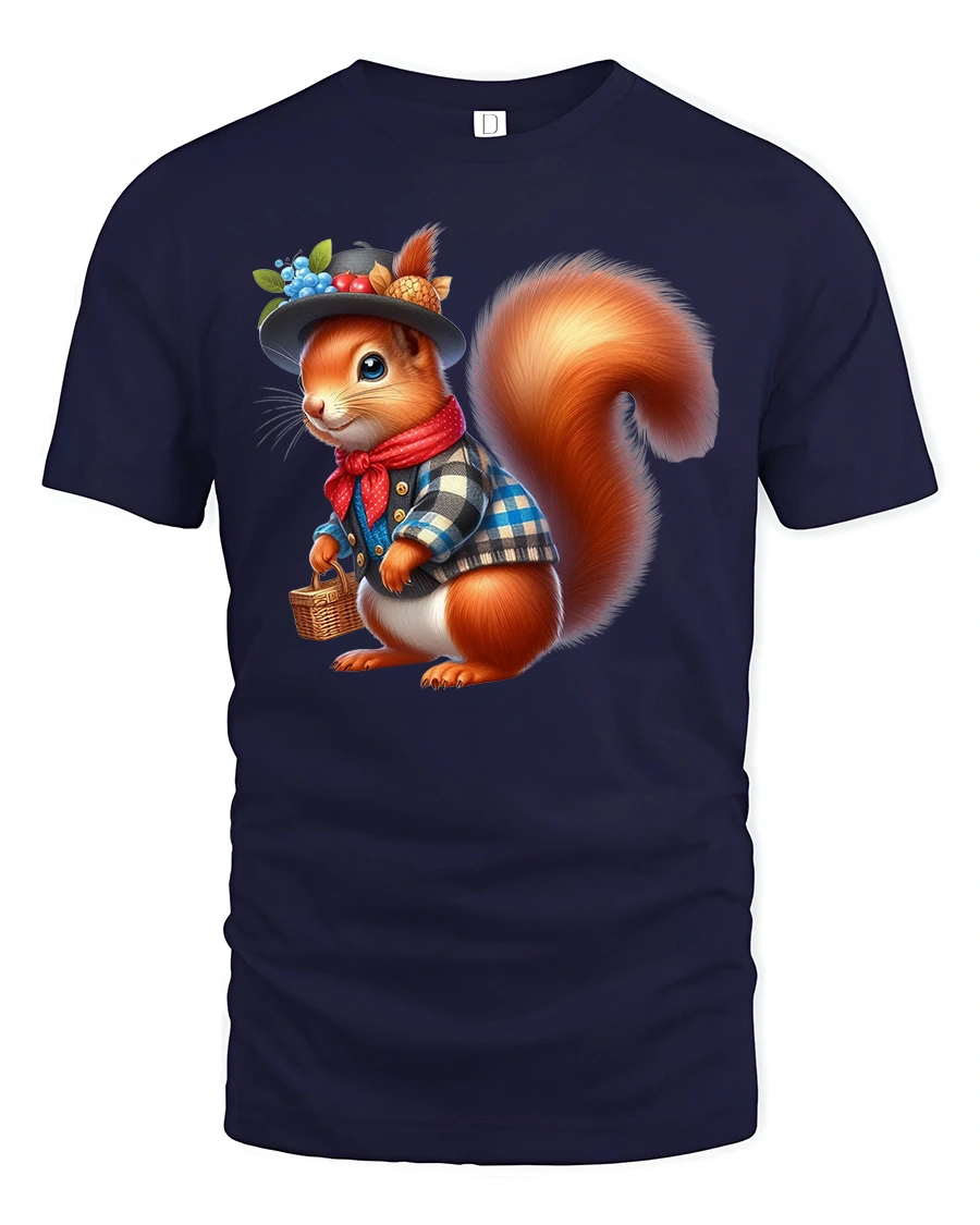 Cute Dressed Squirrel Tee with Fun Autumn Woodland Style - 1 Cute Dressed Squirrel Tee with Fun Autumn Woodland Style - navy t-shirt on white background