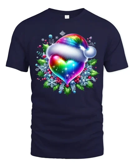 Rainbow Heart Christmas Tee with Festive Santa Hat Art - navy t-shirt on white background