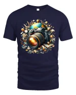 World Travel Camera Tee with Artistic Photography Design - navy t-shirt on white background