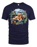 Mountain Truck Dog Tee with Adventure Outdoor Art - navy t-shirt on white background
