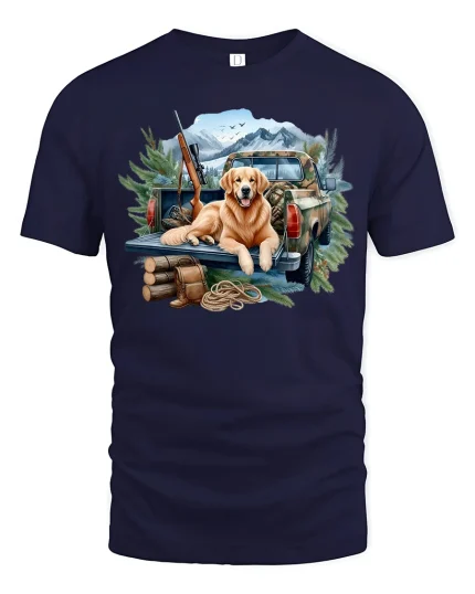 Mountain Truck Dog Tee with Adventure Outdoor Art - navy t-shirt on white background