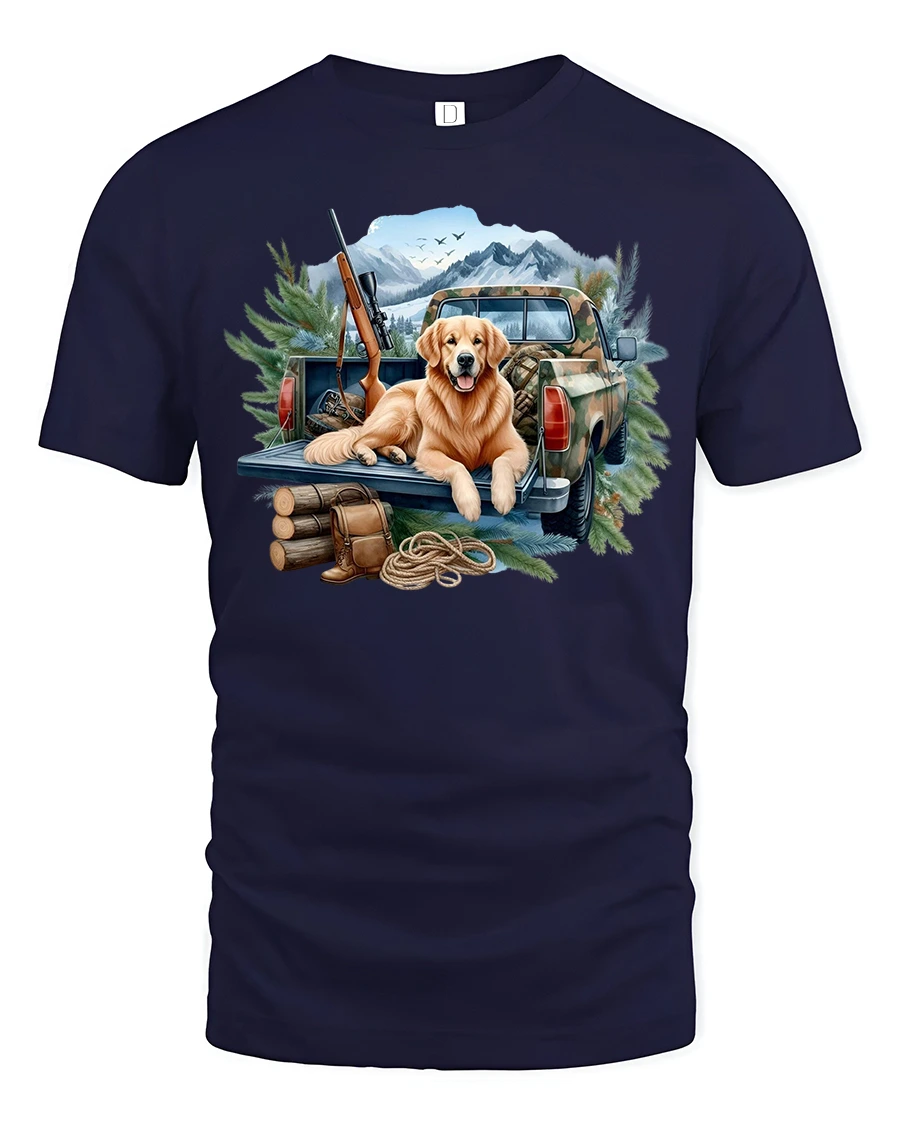 Mountain Truck Dog Tee with Adventure Outdoor Art - 1 Mountain Truck Dog Tee with Adventure Outdoor Art - navy t-shirt on white background