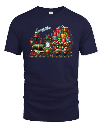 Christmas Gift Train Tee with Colorful Holiday Locomotive Art - navy t-shirt on white background