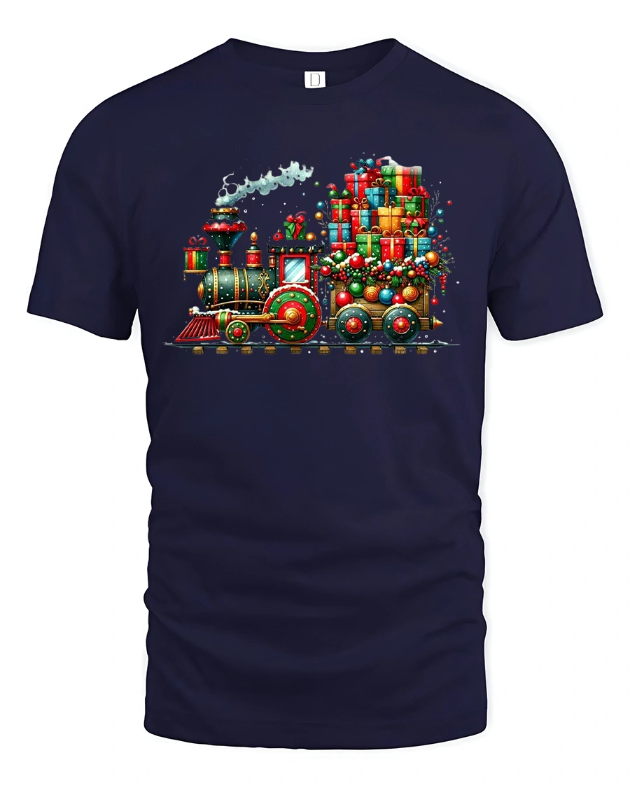Christmas Gift Train Tee with Colorful Holiday Locomotive Art - 1 Christmas Gift Train Tee with Colorful Holiday Locomotive Art - navy t-shirt on white background