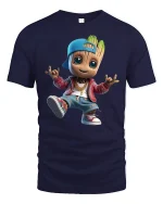 Cool Hip Hop Wood Kid Tee with Streetwear Cartoon Style Art - navy t-shirt on white background