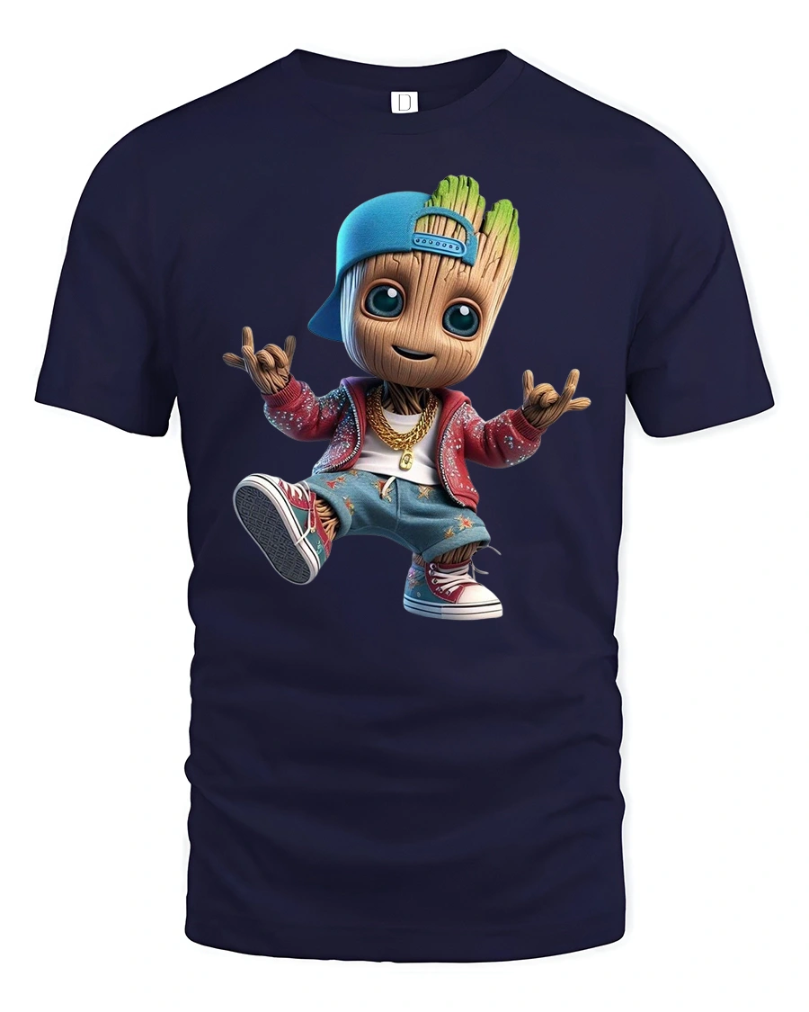 Cool Hip Hop Wood Kid Tee with Streetwear Cartoon Style Art - 1 Cool Hip Hop Wood Kid Tee with Streetwear Cartoon Style Art - navy t-shirt on white background