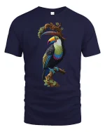 Colorful Tropical Toucan Tee with Vibrant Exotic Bird Artwork - navy t-shirt on white background