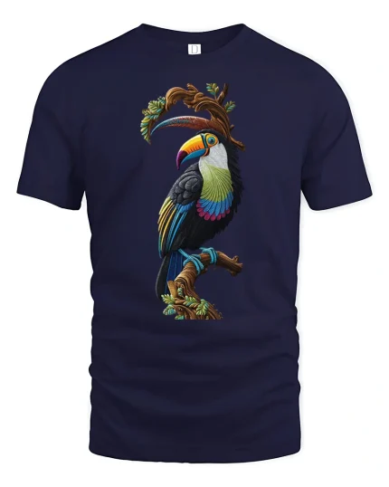 Colorful Tropical Toucan Tee with Vibrant Exotic Bird Artwork - navy t-shirt on white background