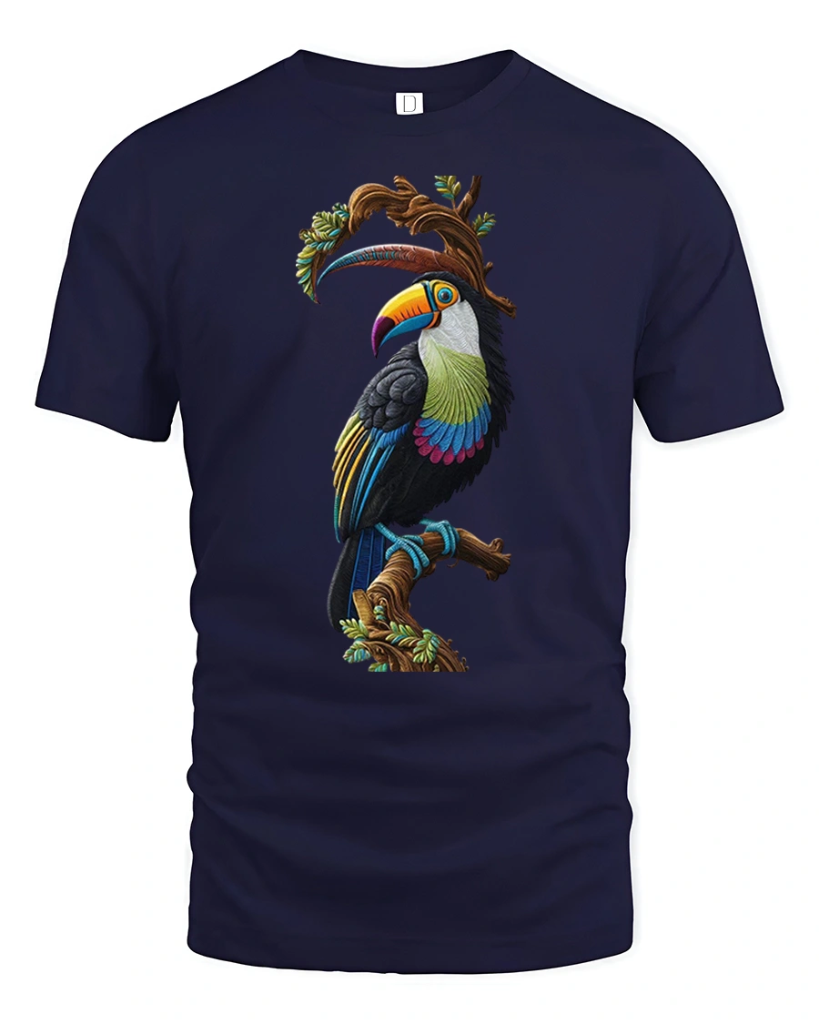 Colorful Tropical Toucan Tee with Vibrant Exotic Bird Artwork - 1 Colorful Tropical Toucan Tee with Vibrant Exotic Bird Artwork - navy t-shirt on white background