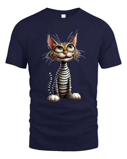 Cute Cartoon Cat Tee with Big Eyes and Playful Whisker Style - navy t-shirt on white background