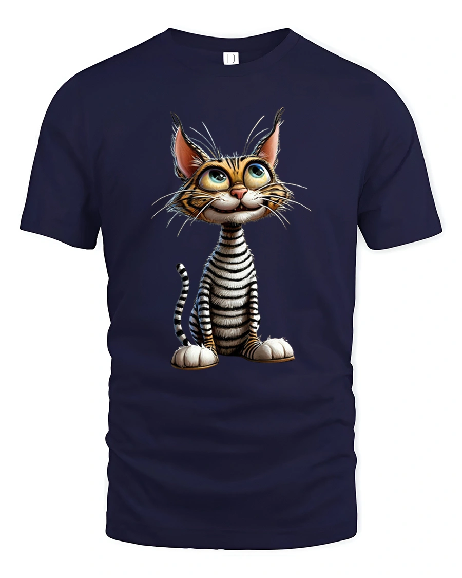 Cute Cartoon Cat Tee with Big Eyes and Playful Whisker Style - 1 Cute Cartoon Cat Tee with Big Eyes and Playful Whisker Style - navy t-shirt on white background
