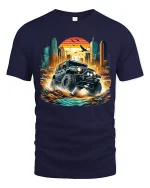 Epic Off-Road Adventure Jeep T-Shirt with City Sunset Scene - navy t-shirt on white background