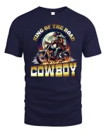 King of the Road Cowboy Motorcycle T-Shirt with Bold Design - navy t-shirt on white background