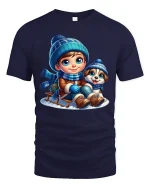 Winter Boy and Puppy Sledding T-Shirt with Cute Snowy Art - navy t-shirt on white background