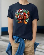 Cool Santa Party Vibes Christmas Tee with Fun Holiday Style - model wearing navy tee with hands in pockets