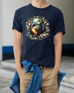 World Travel Camera Tee with Artistic Photography Design - model wearing navy tee with hands in pockets
