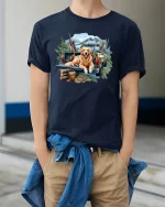 Mountain Truck Dog Tee with Adventure Outdoor Art - model wearing navy tee with hands in pockets