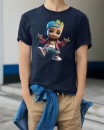 Cool Hip Hop Wood Kid Tee with Streetwear Cartoon Style Art - model wearing navy tee with hands in pockets