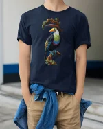 Colorful Tropical Toucan Tee with Vibrant Exotic Bird Artwork - model wearing navy tee with hands in pockets