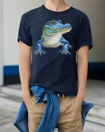 Cool Blue Alligator Tee with Fun Cartoon Gator Artwork - model wearing navy tee with hands in pockets
