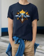 Fighter Jet Star Emblem T-Shirt for Aviation Lovers - model wearing navy tee with hands in pockets