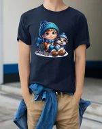 Winter Boy and Puppy Sledding T-Shirt with Cute Snowy Art - model wearing navy tee with hands in pockets
