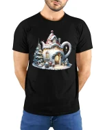 Cozy Teapot Cottage Christmas Tee with Snowy Holiday Scene - model wearing black tee with hands behind back