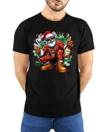 Cool Santa Party Vibes Christmas Tee with Fun Holiday Style - model wearing black tee with hands behind back