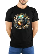 World Travel Camera Tee with Artistic Photography Design - model wearing black tee with hands behind back