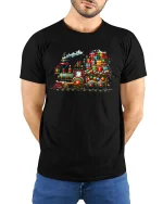 Christmas Gift Train Tee with Colorful Holiday Locomotive Art - model wearing black tee with hands behind back
