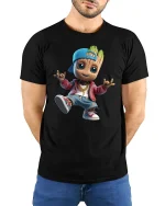 Cool Hip Hop Wood Kid Tee with Streetwear Cartoon Style Art - model wearing black tee with hands behind back