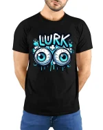 Funny Lurk Eyeball Graphic T-Shirt for Playful Street Style - model wearing black tee with hands behind back