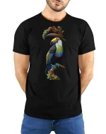 Colorful Tropical Toucan Tee with Vibrant Exotic Bird Artwork - model wearing black tee with hands behind back