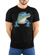 Cool Blue Alligator Tee with Fun Cartoon Gator Artwork - model wearing black tee with hands behind back