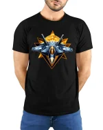 Fighter Jet Star Emblem T-Shirt for Aviation Lovers - model wearing black tee with hands behind back