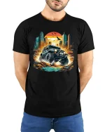 Epic Off-Road Adventure Jeep T-Shirt with City Sunset Scene - model wearing black tee with hands behind back
