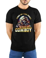 King of the Road Cowboy Motorcycle T-Shirt with Bold Design - model wearing black tee with hands behind back
