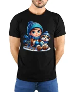 Winter Boy and Puppy Sledding T-Shirt with Cute Snowy Art - model wearing black tee with hands behind back