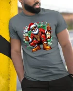 Cool Santa Party Vibes Christmas Tee with Fun Holiday Style - model wearing grey tee, leaning on column