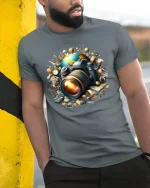 World Travel Camera Tee with Artistic Photography Design - model wearing grey tee, leaning on column