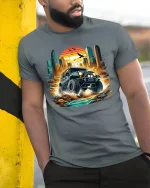 Epic Off-Road Adventure Jeep T-Shirt with City Sunset Scene - model wearing grey tee, leaning on column