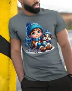 Winter Boy and Puppy Sledding T-Shirt with Cute Snowy Art - model wearing grey tee, leaning on column