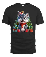 Cute Christmas Wolf Tee with Festive Tree and Holiday Gifts - black t-shirt on white background